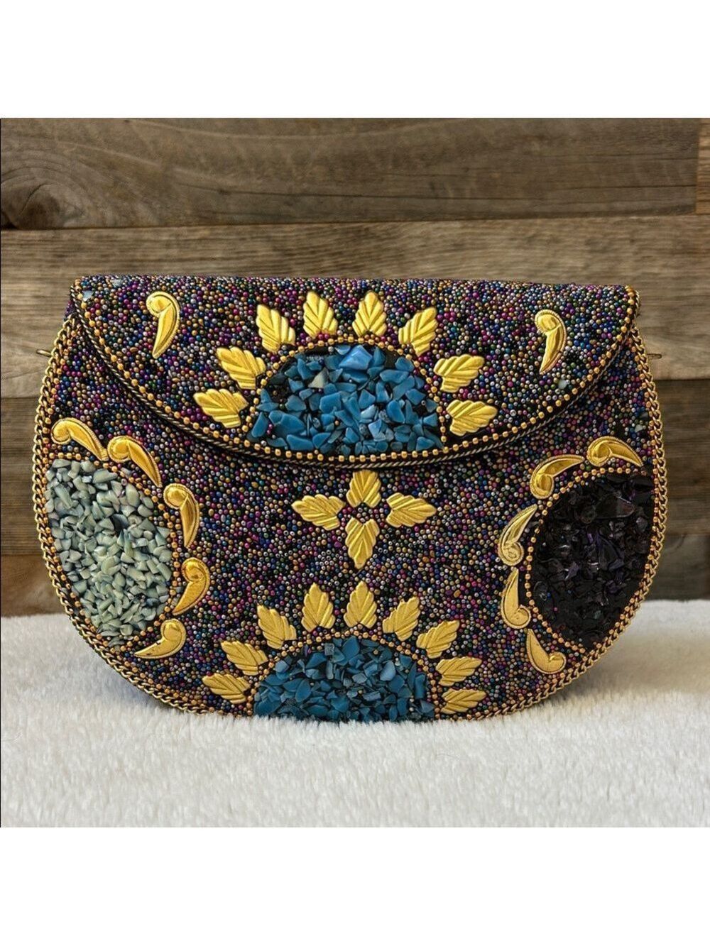 Ramla Handmade Multicolor Beaded Mosaic Clutch Bag With Gold Chain Brand New
